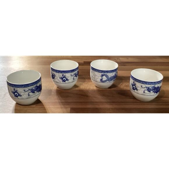 White Jade Porcelain Cheng's Blue Rose Dragon Set of 4 Tea Sake Cups - Picture 4 of 9